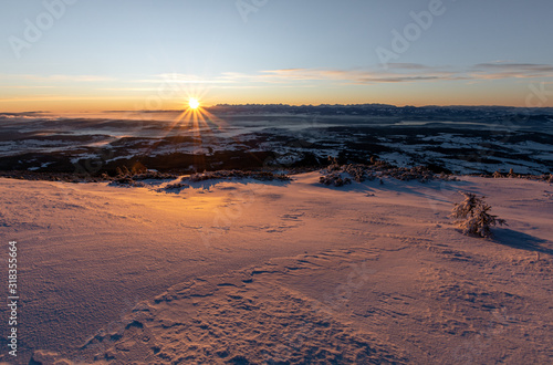 Scenic view of winter mountains morning 