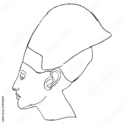Isolated vector illustration. Profile head of pharaoh Akhenaten in tiara. Ancient Egyptian king Amenhotep IV. Black and white linear silhouette. Hand drawn doodle sketch.