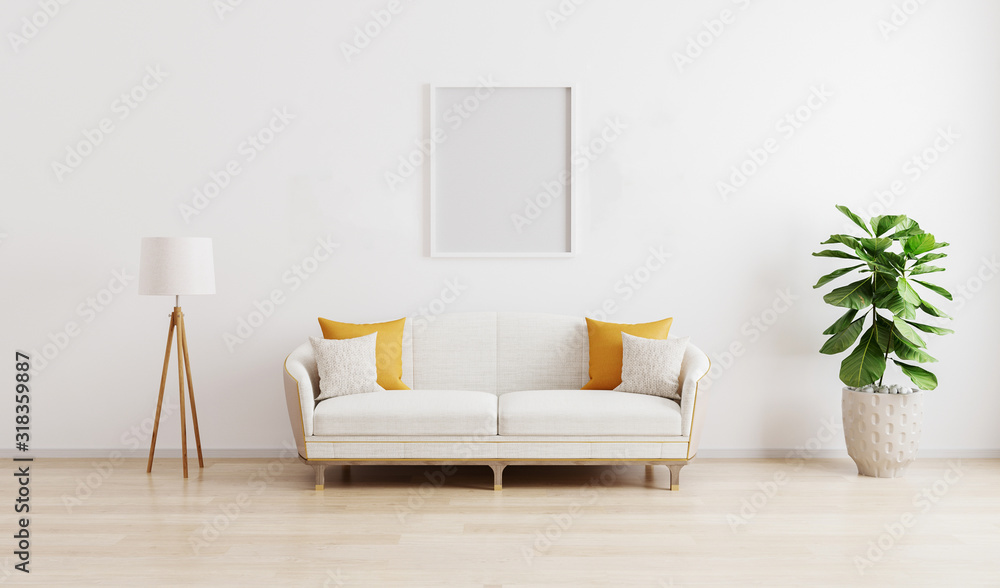 Blank frame in bright modern living room with white sofa, floor lamp and green plant on wooden laminate. Scandinavian style, cozy interior background. Bright stylish room mockup.3d render
