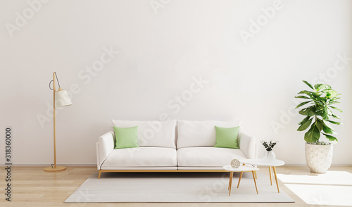 Living room interior with white sofa and green pillows, modern coffe table, floor lamp, plant and rug on wooden floor and white wall. Living room interior mockup. Scandinavian style, bright. 3d render
