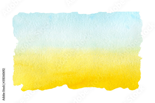 The watercolor background is blue and yellow. Sky with clouds and golden sand