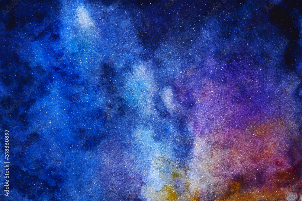 Abstract color watercolor shape - violet background. Dark sky and space with stars for book, poster, card,