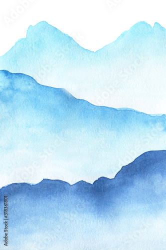 Hand drawn watercolor painting of blue foggy mountains