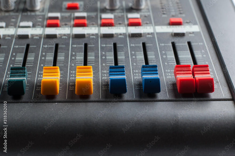 Sound music mixer control panel.Buttons on mixer Sound music mixer control panel.Buttons on mixer