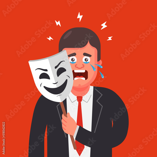 a man in a suit hides his emotions behind a mask. hide tears. Flat character vector illustration.