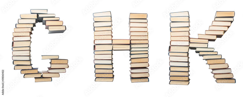 G H K letter from books. Alphabet isolated on white background. Font ...