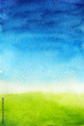 watercolor background is green and blue gradient. Sky with clouds and Green meadow with grass