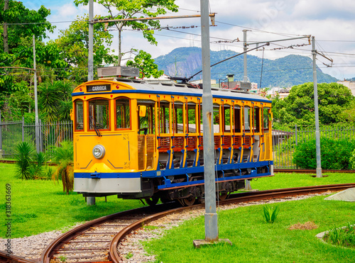 Old yellow Santa Teresa Tram (Bonde de Santa Teresa) is a historic tram line in Rio de Janeiro, Brazil. photo
