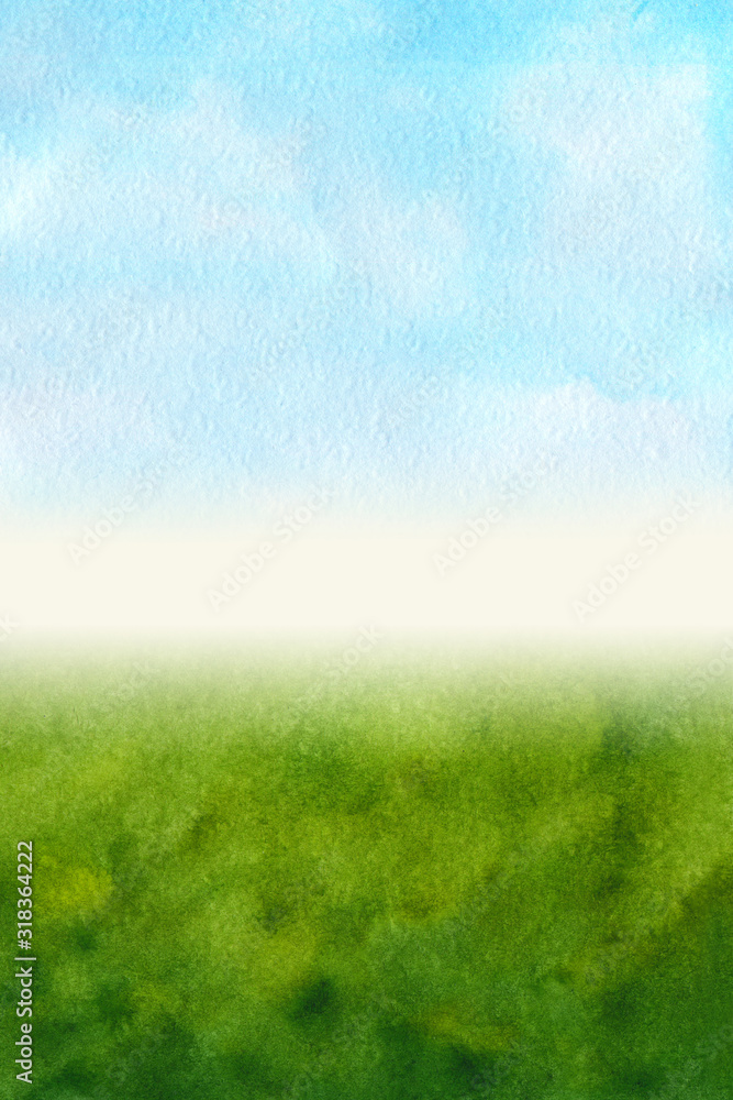 watercolor background is green and blue gradient. Sky with clouds and Green meadow with grass
