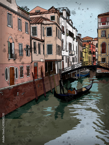 Canal in Venice with Gondola and bridge. Vector textured illustration