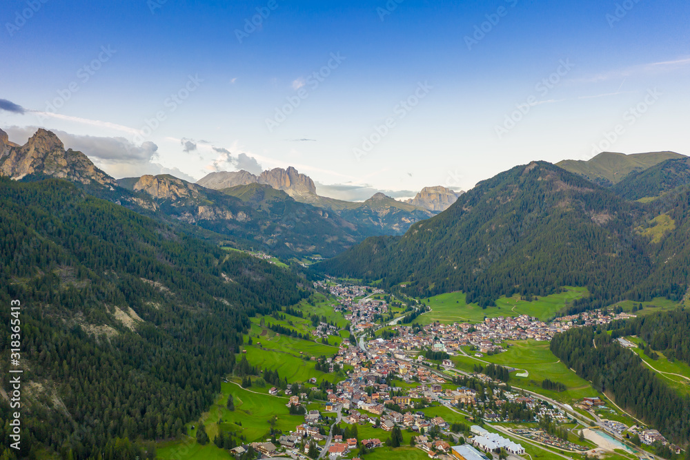 Aerial panoramic view of the Rosengarten group and Langkofel Mountain, Alps Mountains, Dolomites, Alto Adige, Italy