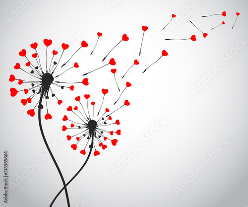 Abstract black dandelion silhouette with hearts, flying seeds of love dandelion - for stock