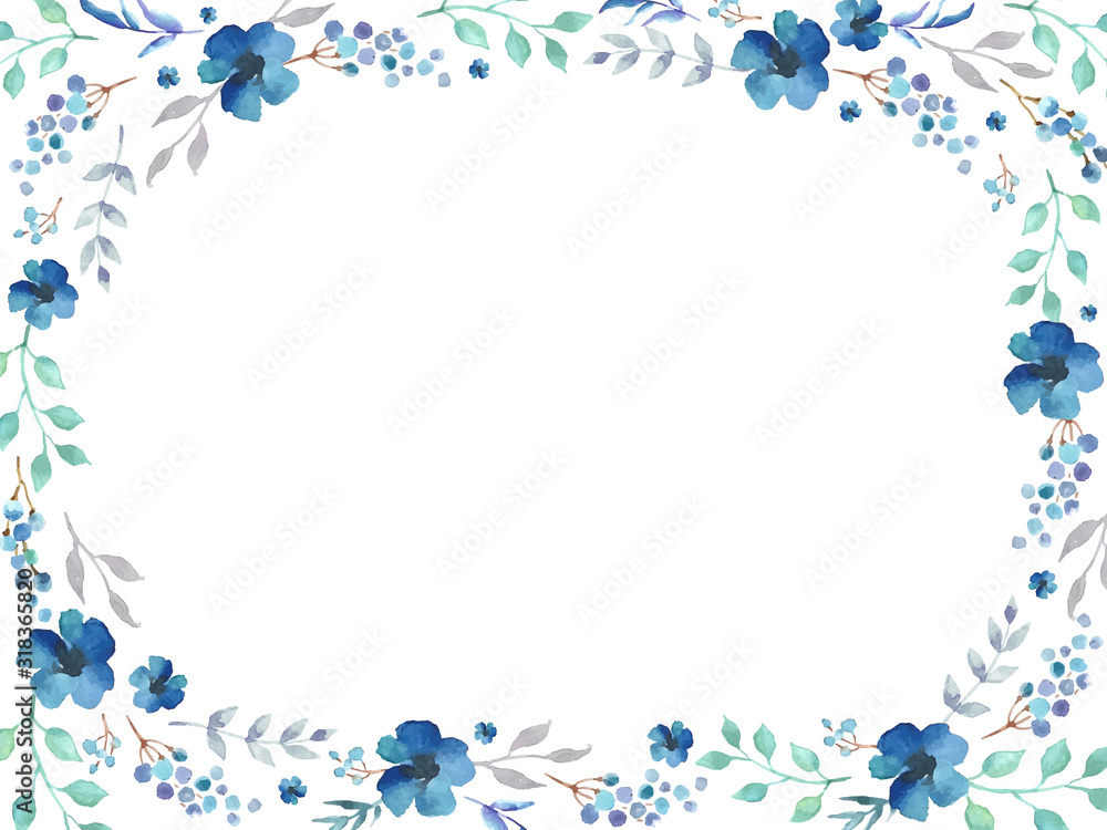 Floral frame template with blue flowers and swirly leaves on white background.