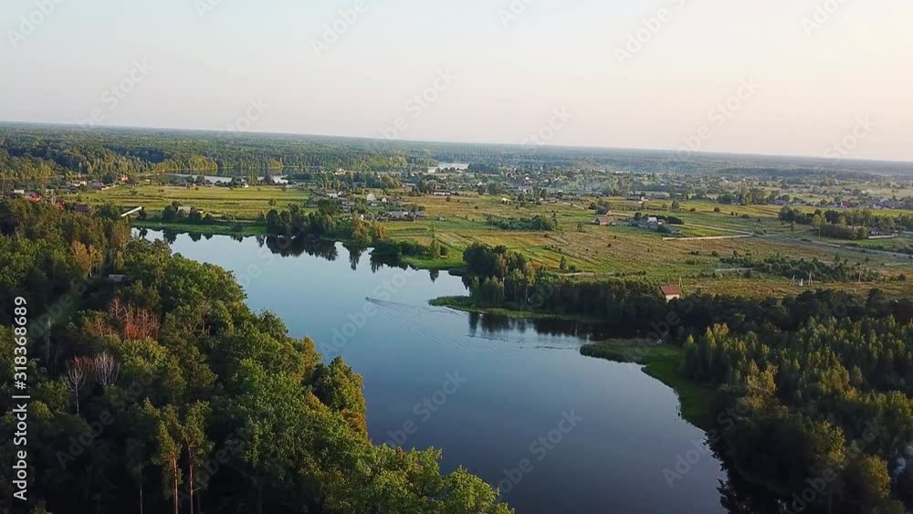 aerial view of lake in the countryside, Forest lake at sunset aerial aerial view of lake in the countryside, Forest lake at sunset aerial