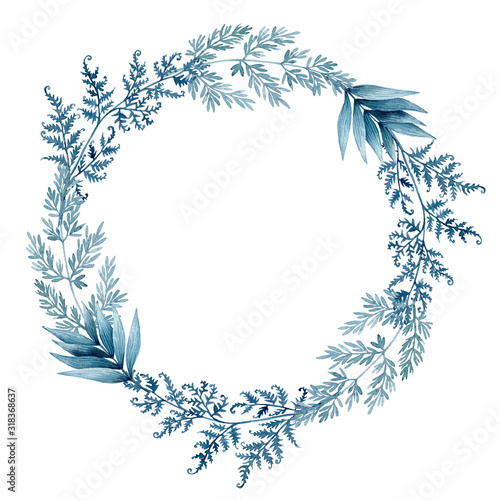watercolor illustration of blue tropical leaves  green branches  fern. frame of tropical leaves. invitation to the wedding
