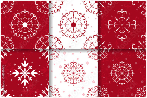 Set of six vector beautiful seamless patterns with openwork vector looks like snowflakes. Decorative pattern for design.