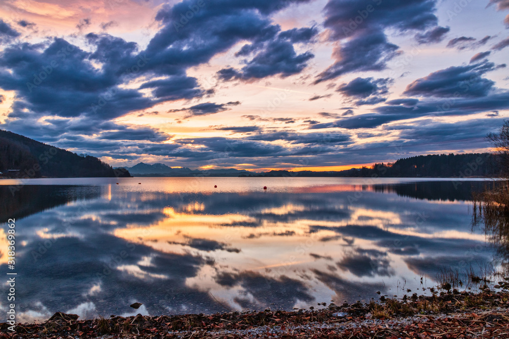 Beautiful scenery sunset sky view of lake and reflection in water