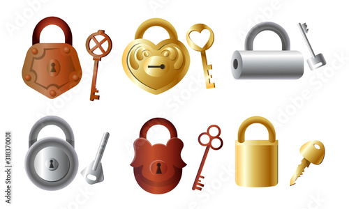 Different golden and silver locks with their keys vector illustration