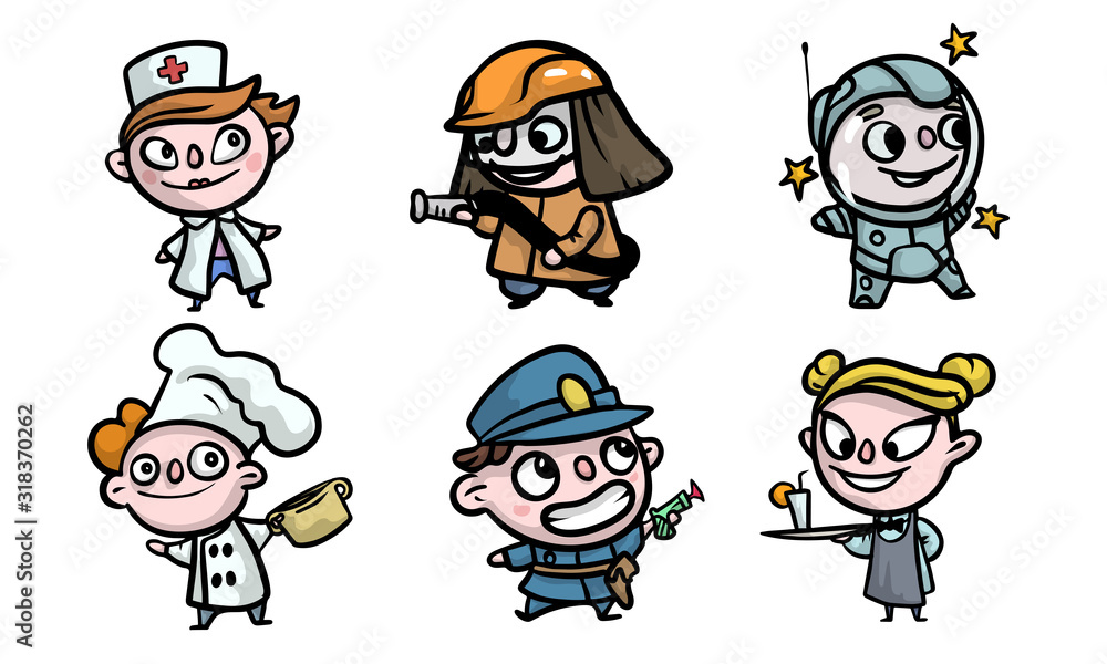 Boys and girls in costumes playing different jobs vector illustration Boys and girls in costumes playing different jobs vector illustration