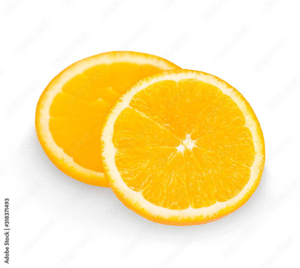 Orange slices isolated close-up on a white background. Orange slices isolated close-up on a white background.
