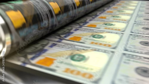 US dollars currency printing press machine prints 100 dollars banknotes. Animation showing how money are being printed. Close up of printing press in action, printing dollar currency, seamless loop.
