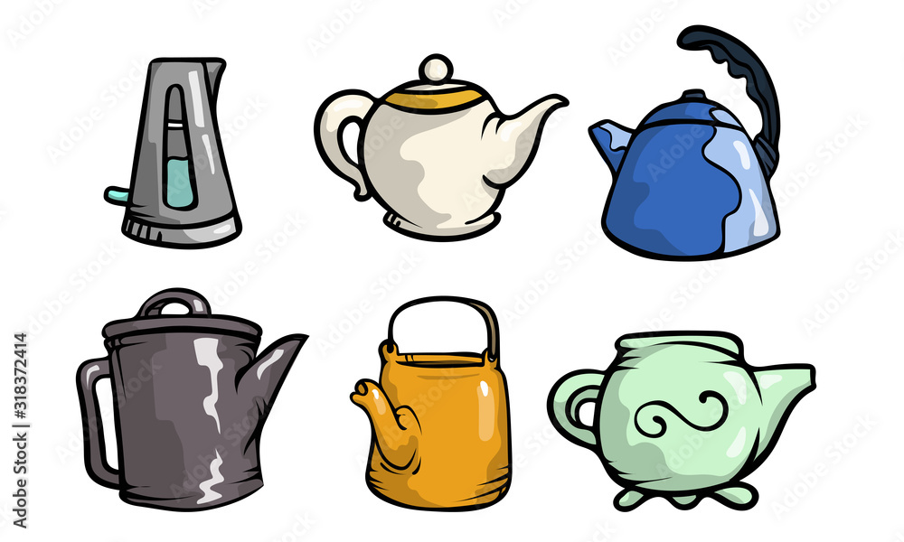 Different shapes and colors of teapots with tea vector illustration Different shapes and colors of teapots with tea vector illustration