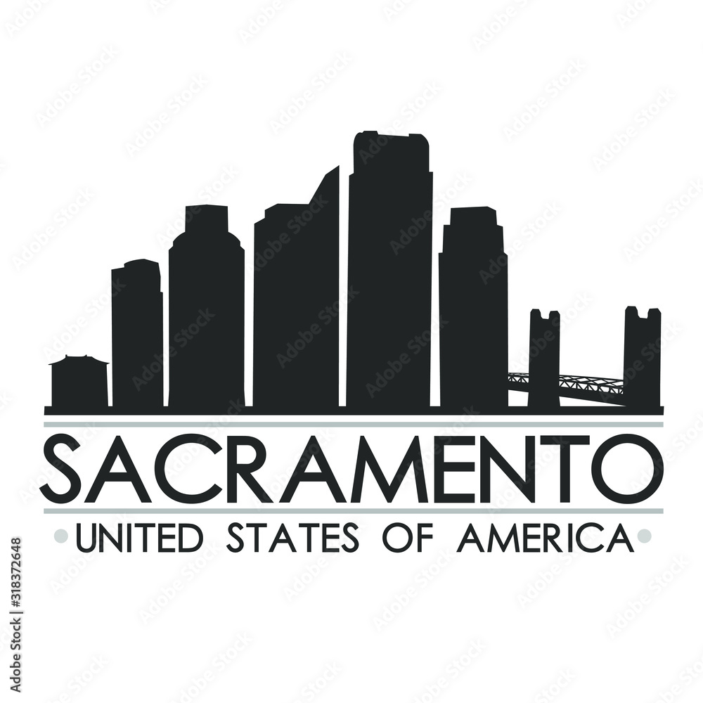 Sacramento California Skyline. Silhouette Design City Vector Art. Landmark Illustration Logo.