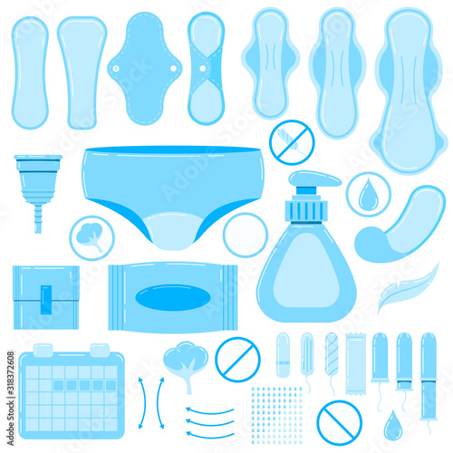 Women sanitary napkin, hygienic tampon, reusable pad, menstrual cup, underpants icon vector set.