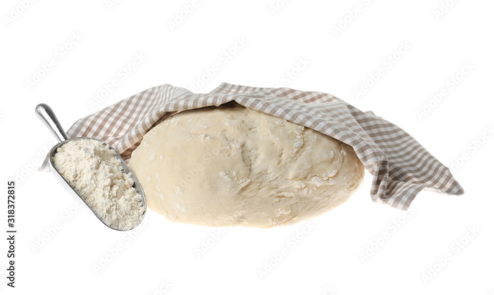 Obraz premium Raw dough for pastries with flour and napkin isolated on white