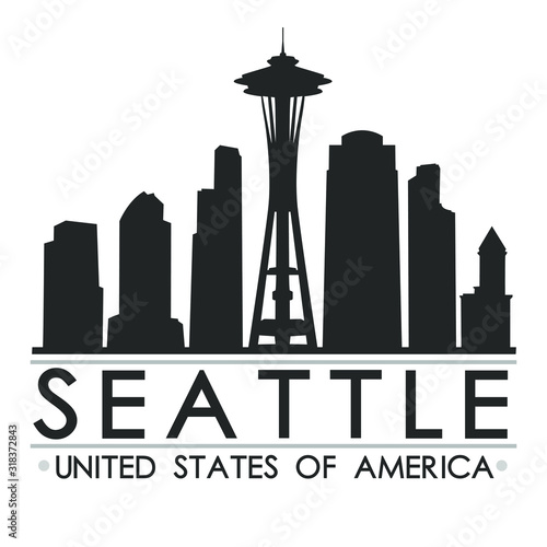 Seattle Washington Skyline. Silhouette Design City Vector Art. Landmark Illustration Logo.