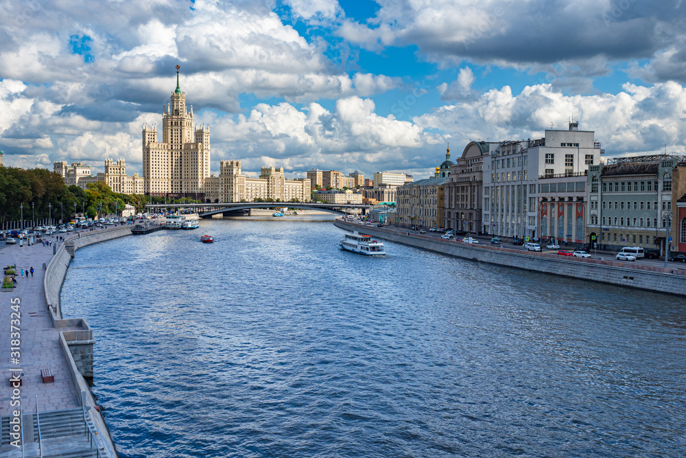 Boat trips on the Moscow river. Excursions on ships. Panorama Of Moscow. High-rise building on Kotelnicheskaya embankment. Summer trip to Russia. Achitecture of Moscow.