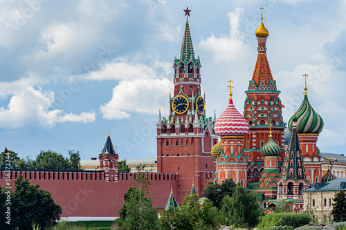 The center of Moscow on a cloudy summer day. travel to Russia. Symbols of the Russian capital. Kremlin. Kremlin wall. St. Basil's Cathedral. Red square. Sights of the capital.