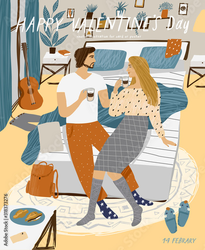 Happy Valentine's day! Vector illustration for the holiday of February 14 - a married couple of lovers sits at home in the room and drinks coffee. Date drawing