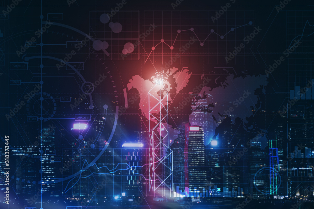 Obraz premium Data Analysis. Trading Control Panel on Virtual Screen Modern Night City Background.