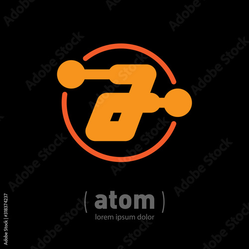 Atom - logo with letter A inside orbit. Logotype design template for Medicine, science or technological project.