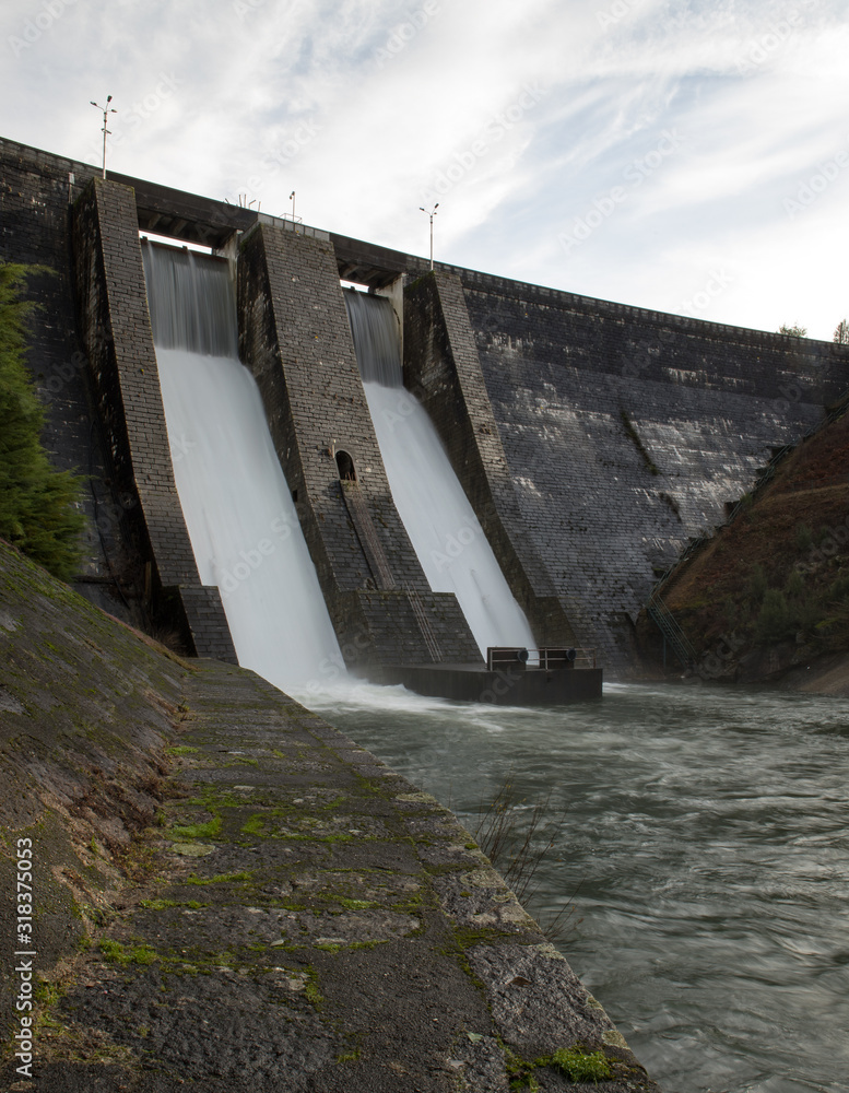 Ermal dam discharge during the flood period, Braga district, Portugal - December 2019 Ermal dam discharge during the flood period, Braga district, Portugal - December 2019