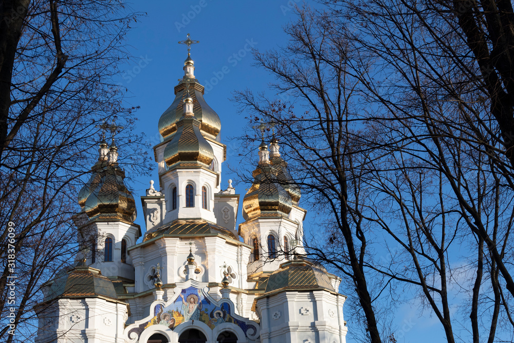 Against the blue sky, a white church with golden domes.