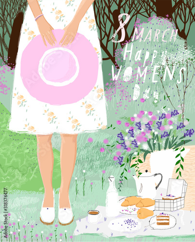 Happy Women's Day March 8! Cute spring vector illustration of a woman with a hat on nature on a picnic with flowers. Drawing of a still life for a card, poster or background