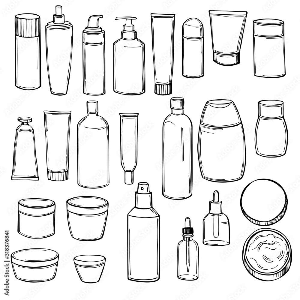 Hand drawn cosmetic bottles. Vector sketch illustration. Hand drawn cosmetic bottles. Vector sketch illustration.