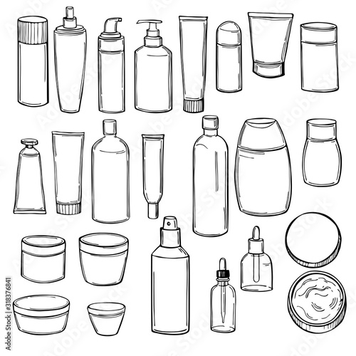 Hand drawn cosmetic bottles. Vector sketch illustration.