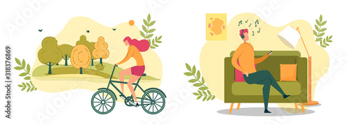 Cartoon Woman Ride Bicycle Man Listening Music