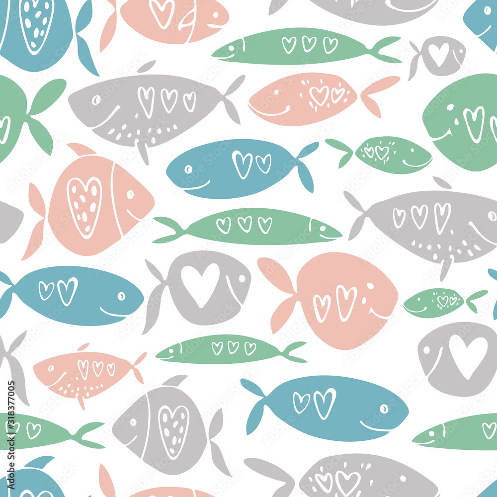 Vector Valentine's day seamless pattern. Loving fish with hearts.