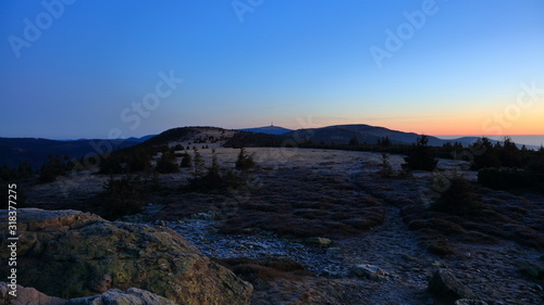 Meadows on mountain ridge just before sunrise with Praded transmitter in the background, Pecny (1330 m), Jeseniky, Czech Republic