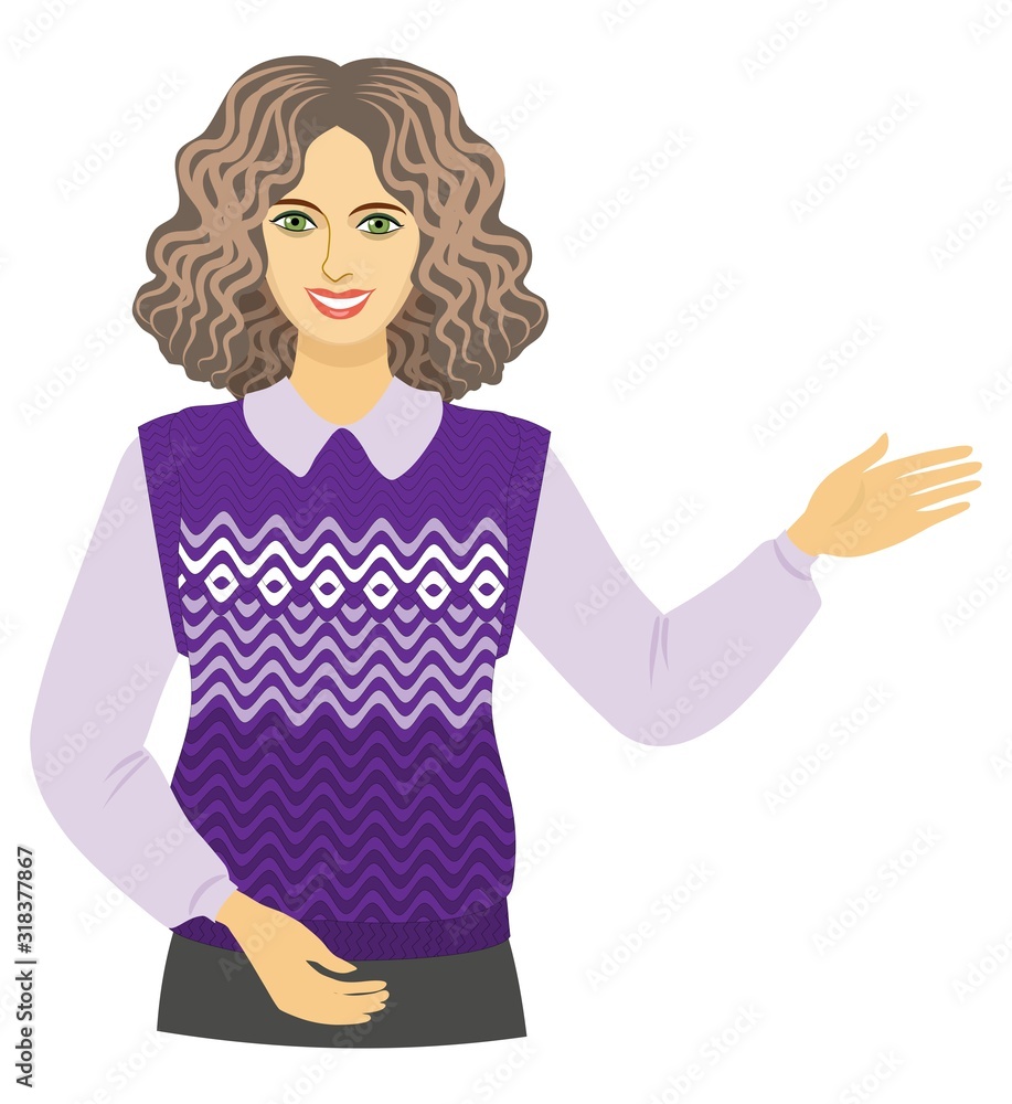 beautiful elegant girl in a knitted sleeveless jacket. stewardess. guide. teacher. advertising model. smiling young lady points to something with your hand. template for advertising beautiful elegant girl in a knitted sleeveless jacket. stewardess. guide. teacher. advertising model. smiling young lady points to something with your hand. template for advertising