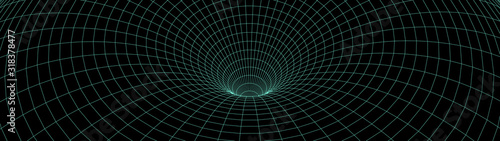 Vortex. Vector perspective curved grid. Wireframe abstract tunnel. 3D vector wormhole with a mesh structure.