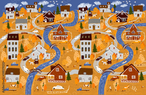 Autumn landscape and nature. Vector cute panorama illustration of a village, houses, trees, cars and people. Drawing for background, card or poster.