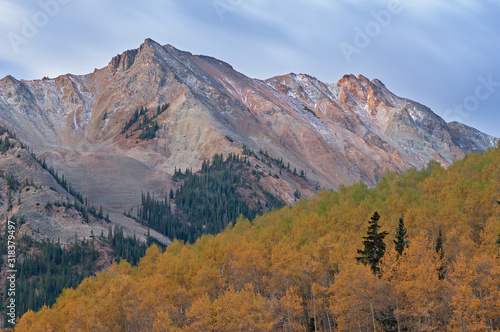 Autumn landscape at dawn of the Elk Mountains with aspens and conifers, Castle Creek Road, Colorado, USA
