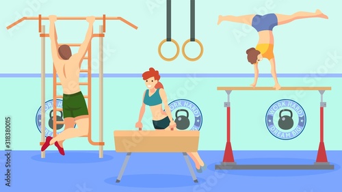 People man woman athlete in gym workout with sport equipment vector illustration. Gymnastic fitness healthy activity training exercises workout. Gymnasts smiling characters.