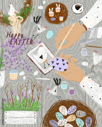 Happy easter! Vector illustration of a festive table and human hands decorating and coloring an egg. Drawing easter objects, chicken, paints, willow, Easter cake for background, card or poster. 