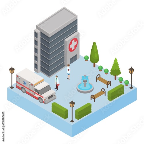 Hospital ambulance vector illustration isometric isolated. Hospital medical clinic center building, car, standing outside people doctor and nurse. Medicine treatment and healthcare.